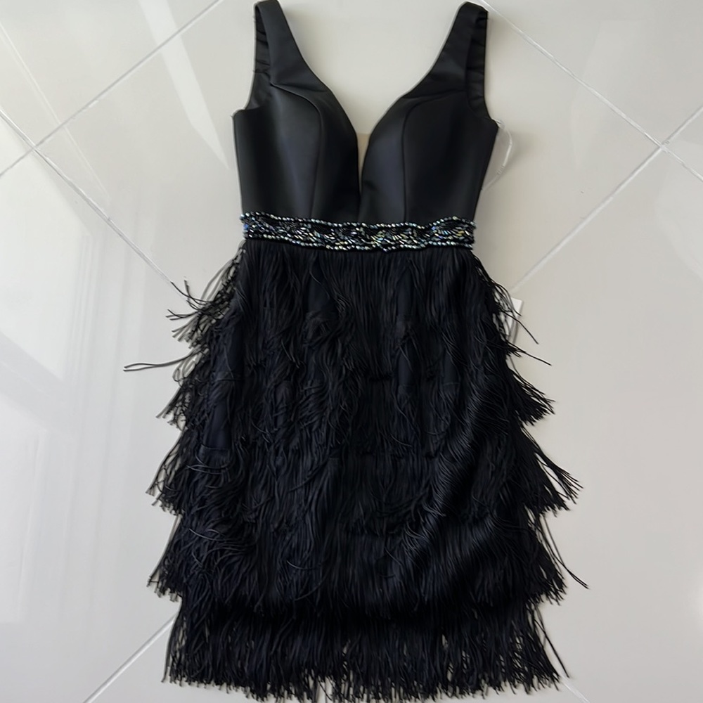 NWT ANGELA & ALISON black fringe cocktail dress size 4